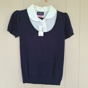Children's Place Uniform Short Sleeve 2-in-1 Sweater Navy and White Size 7/8